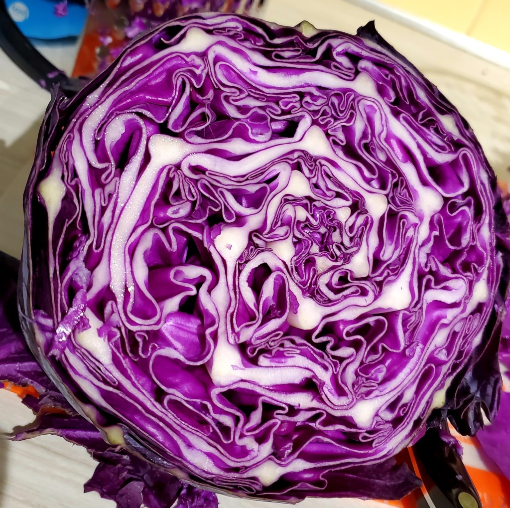 Cabbage sliced in half to show the curled leaves